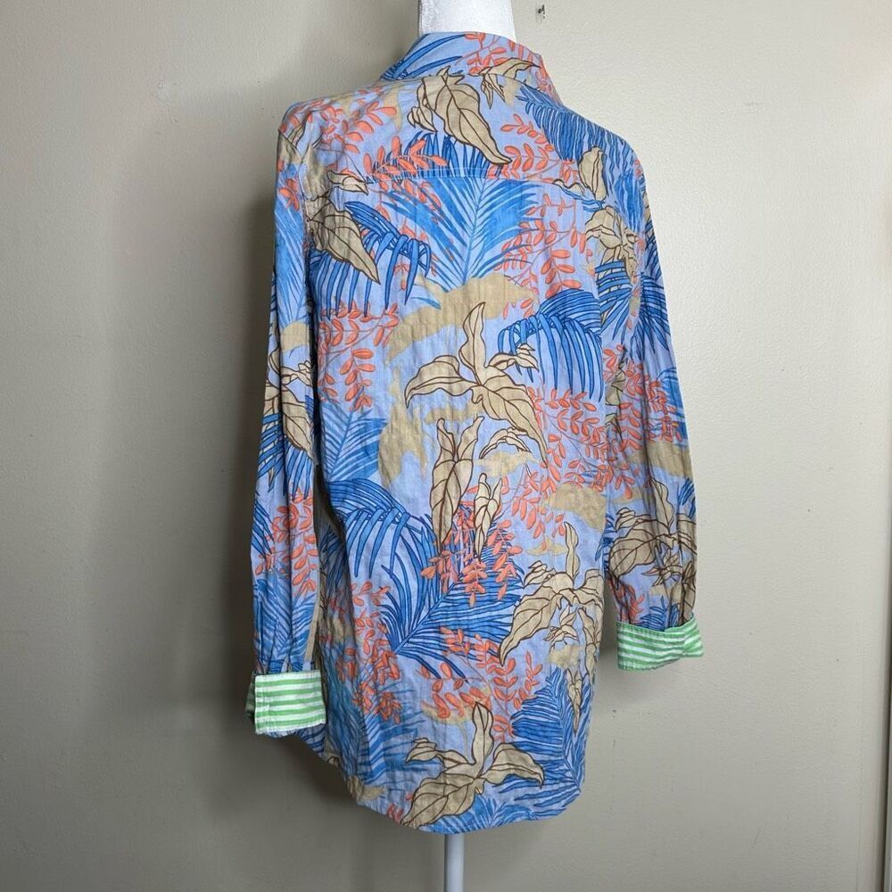 J McLaughlin Lois‎ Shirt Blue Tropical Button Up fits sz Large - Picture 4 of 7